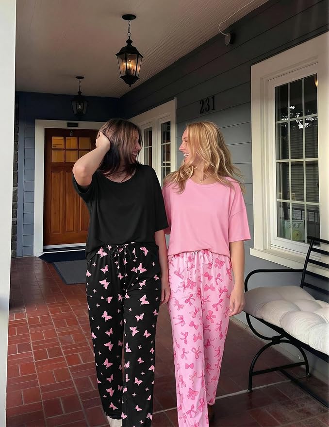 Ekouaer 2 Pack Womens Pajama Sets Short Sleeve Tops and Long Pants Casual Comfy Pjs Lounge Set with Pockets,S-XXL