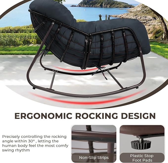 Sgentle Papasan Rocking Chair Outdoor, Oversized Patio Rocking Chair with Cushions & Steel Frame, Wicker Egg Lounge Chair Indoor, Comfy Reading Chair for Patio, Deck, Porch (Blue, Style 1)