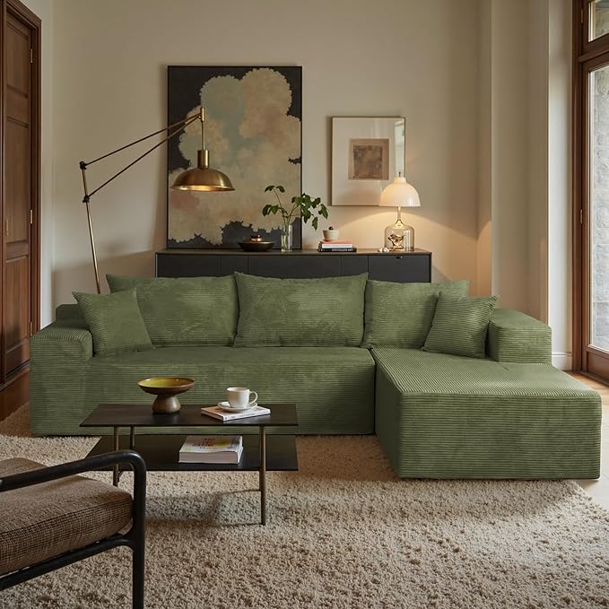 Sectional Cloud Boneless Couch for Living Room Bedroom, Comfy Modern L Shaped Modular Sofa with Right Facing Chaise, Deep Seat Memory Foam Couch in Box, No Assembly (Fine Striped Corduroy, Green)