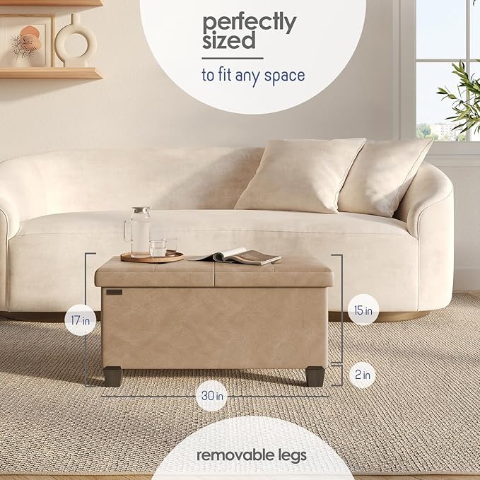 Storage Ottoman Bench with Bins, 30-in Storage Bench for Bedroom End of Bed, Folding Foot Rest Ottoman for Living Room Max 660lbs, Faux Leather Ottomans, Taupe