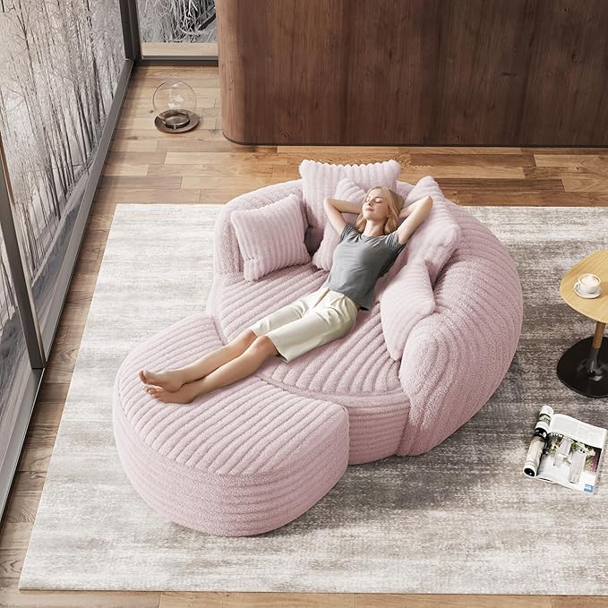 Oversized Chaise Lounge Chair Indoor with Ottoman 50.5" W x 67.0" D Round Soft Corduroy Comfy Oversized Reading Chair with 5 Pillows for Living, Reading Room - Pink