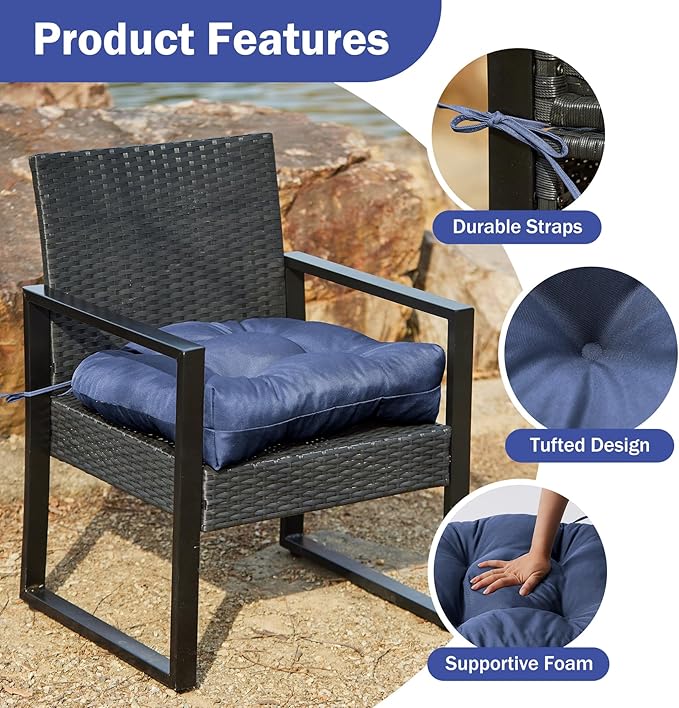 IPYNBAP Outdoor Chair Cushions Set of 2, Patio Chair Cushions with Ties, 17x17+4” Tufted Outdoor Seat Cushions, Waterproof Patio Furniture Cushions, Outdoor Dining Chair Pads, Navy