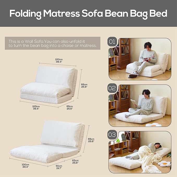 N&V Folding Matress Sofa Bean Bag Bed, Foam Filling Folding Matress Sofa, Includes Removable and Machine Washable Cover, Soft Premium Faux Fur (Small, White)