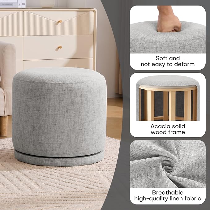 Round Pouf Ottoman & Swivel Foot Rest,Linen Vanity Stool-Upholstered Floor Chair,Footstool with Sturdy Acacia Wood Frame(500lbs),Small Coffee Table Ottoman for Living Room,Bedroom