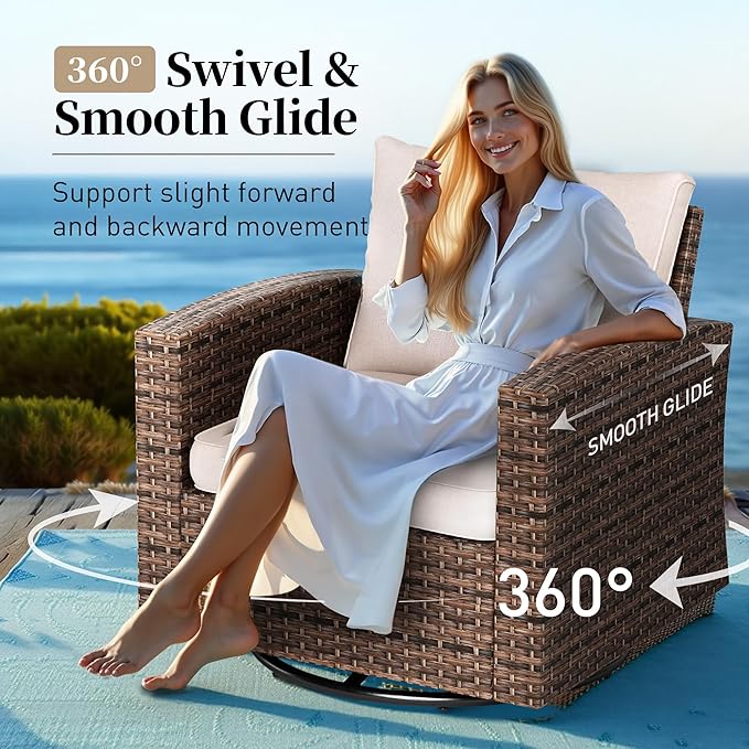 Swivel Glider Patio Furniture Set Outdoor Furniture Brown Wicker Rattan Patio Conversation Sets with Cushion Outside Sofa Set,7 Pieces with Rectangular Firepit Table,9 Seats,Beige