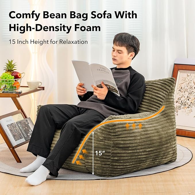 Giant Bean Bag Chair for Adults, Corduroy Upholstered Beanbag Chair with Side Pocket, Comfy Bean Bag Sofa with Portable Handle, Floor Sofa Chair for Bedroom (Green)