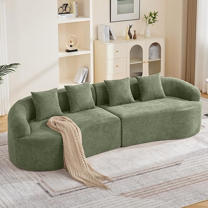 110.2" Curved Boneless Couch, Oversized Cloud Sofa with 4 Pillows, Modern 4 Seater Modular Sectional Sofa, Boneless Sectional Couches for Living Room, Curved Foam Couch, Green