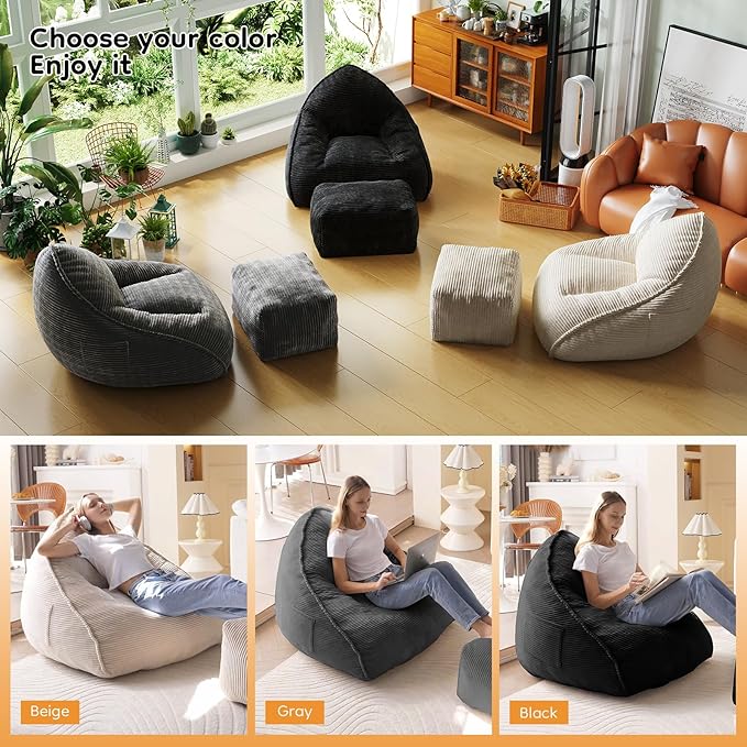 Cloud Large Bean Bag Chair with Ottoman, Corduroy Fabric+35D Memory Foam Big Beanbag Chair for Adults,Lounger Chairs Sofa Boneless Puff Chair for Living Room, Bedroom,Balcony,Playroom (Beige)