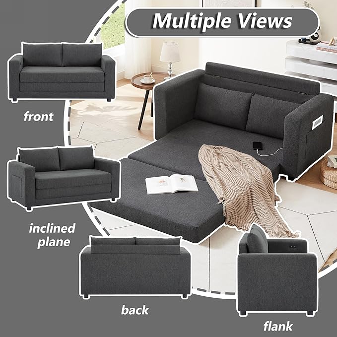 Chorlenimi Convertible Sofa Bed Comfy Linen Sleeper Sofa with Storage Pockets,USB Charging Port,Futon Floor Couch for Living Room,Bedroom,Apartment(Grey, 48 Inches)