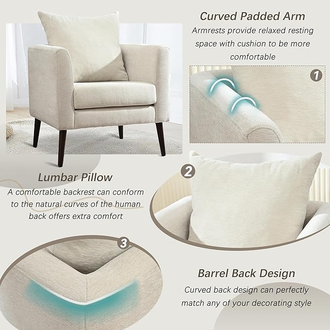 QKFF Barrel Accent Chair with Back Pillow, Large Upholstered Armchair with Solid Wood Legs Modern Reading Chairs for Living Room Bedroom