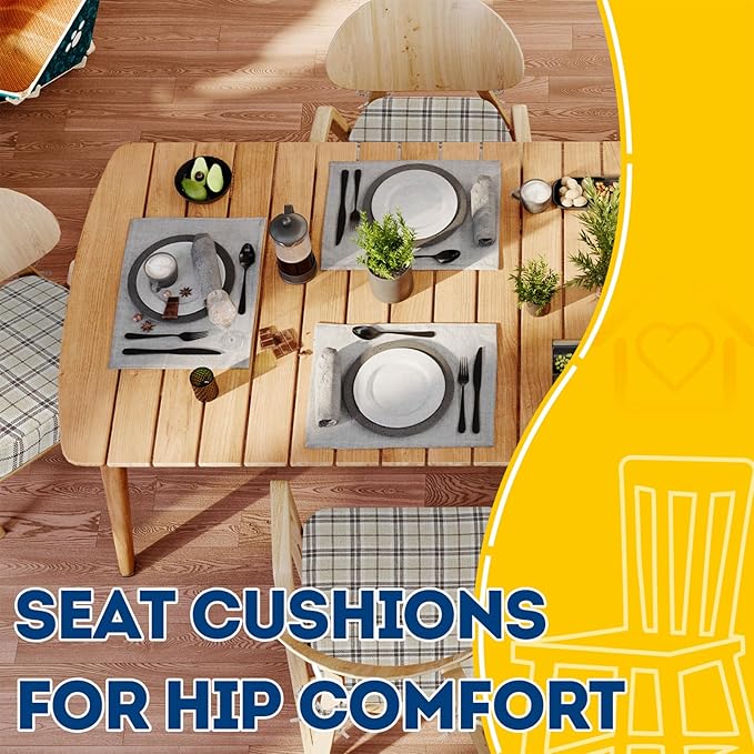 AAAAAcessories D-Shaped Chair Cushions, 2" Thick Dining Chair Pads with Ties and Removable, Machine-Washable Cover, 17" x 16", Set of 4, Yellow Checkered