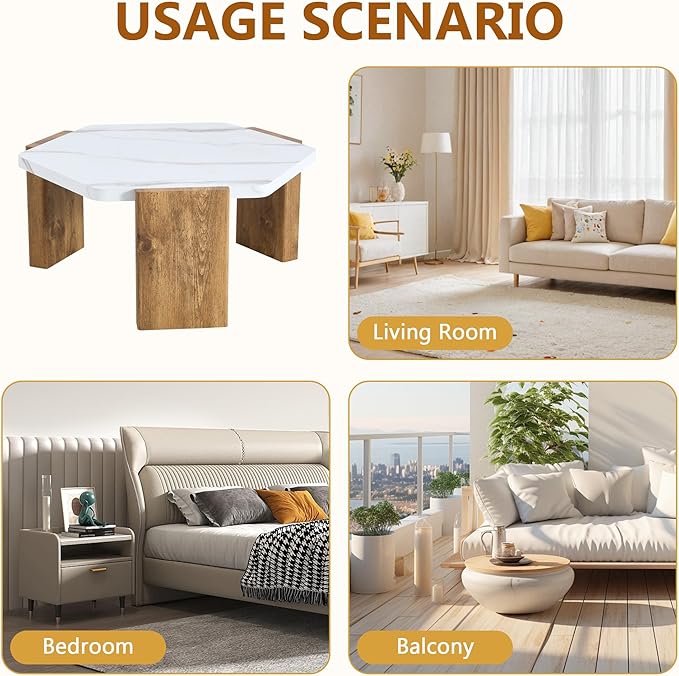 31" Modern-Style Hexagonal Coffee Table with White Marble Surface