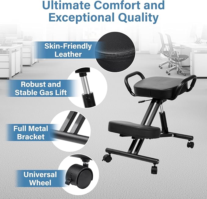 Ergonomic Kneeling Chair Height-Adjustable 22.4-26.3 in Postures Chairs with Lockable Wheels and Armrests Knee Chairs can Hold Up to 220 Lbs Kneeling Ergonomic Chair for Desk Home Meditation,Black