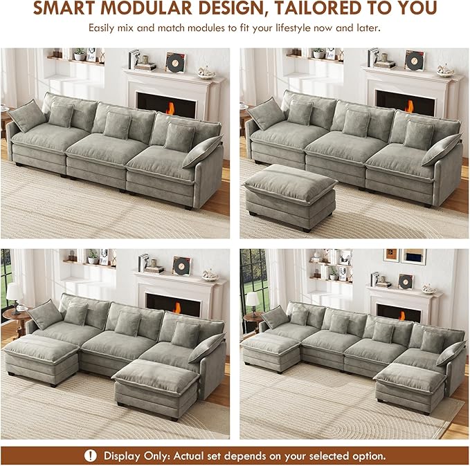 WorthFurni 77 Inch L Shape Cloud Sofa, Modular Sectional Couch with Ottoman, Comfy Chenille Deep Seat Loveseat with Pillow for Living Room Bedroom Apartment （Grey）