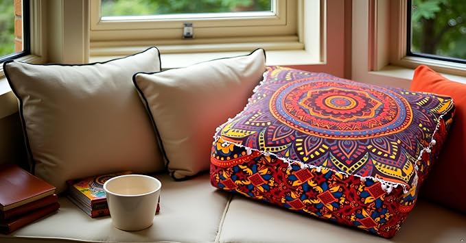 CRAFT KALA Large Hippie Mandala Meditation Floor Ottoman Pillow Cushion Pouf Cover Square Poufs Bohemian Circle Floor Cushion Case Outdoor Fireplace Yoga Living Room Decor Cover New Orange, 16" Square