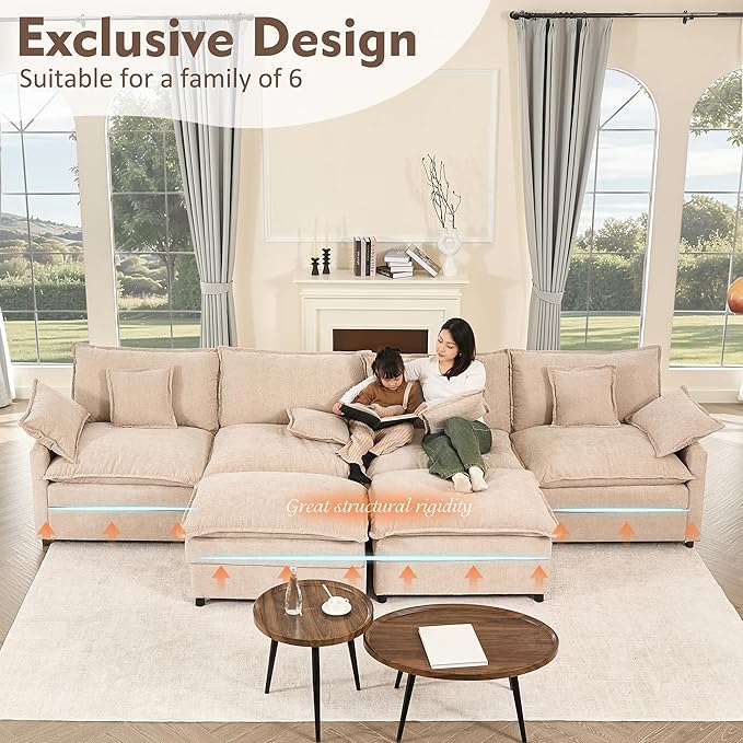 GOSUHI 142.5" U Shaped Couch, Modular Sectional Sofa, 3-Seater Comfy Cloud Couch with Movable Ottoman, Deep Seat Couches for Living Room, Chenille, Flat White