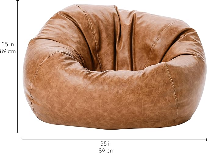 Factory Direct Partners 35" Rustic Western Bean Bag Chair; Distressed Faux Leather, Low to Ground for Reading, Playing Video Games and Relaxing; Flex Seating for Home and School - Pecan, 10478-321
