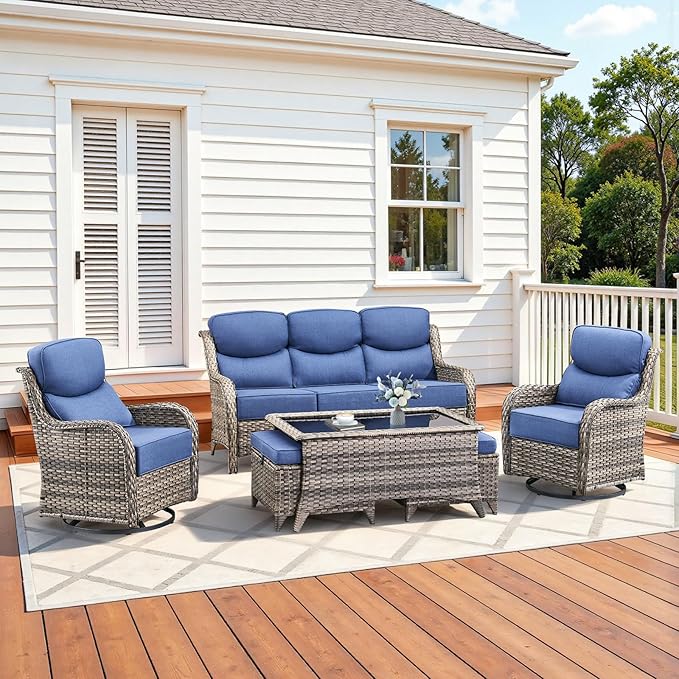 Pugire Luxury High Back Patio Furniture Set with 6-Inch Thick Cushions, 6-Pieces Outdoor Furniture with Swivel Chairs, Wicker Conversation Set for Porch, Balcony, Deck and Yard, Grey/Blue