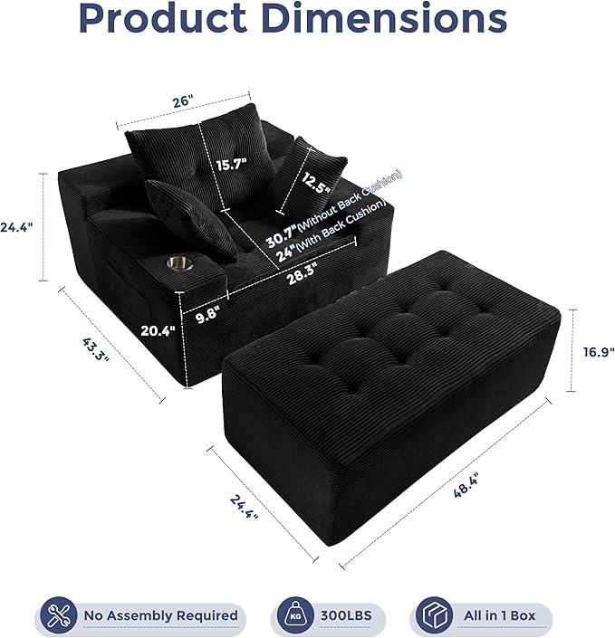 MAXYOYO Oversized Chaise Lounge Sofa, Upholstered Lounge Chair with 3 Pillows Indoor, Tufted Boneless Sofa Couch with Ottoman, Deep Seat Sleeper Chair for Living Room, Bedroom, No Assembly, Black