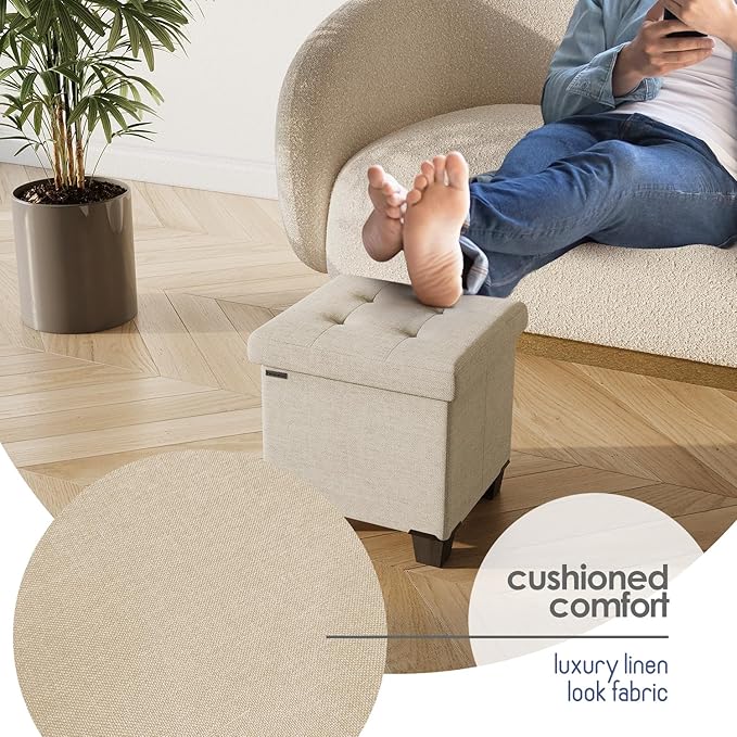 Storage Ottoman Cube with Small Bin, 16-in Square Ottoman with Storage for Living Room and Bedroom, Small Ottomans Foot Rest, Fabric Foot Stools Ottomans Max 330lbs, Beige