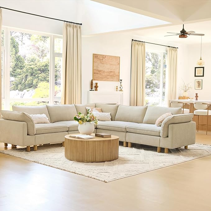CHITA 118" Super Large Sectional Couches for Living Room, Modular Cloud Couch Sectional Sofa, Premium Fabric Couches, Down Filled, High Density Foam, Chenille in Beige, 5 Seat Corner Couch