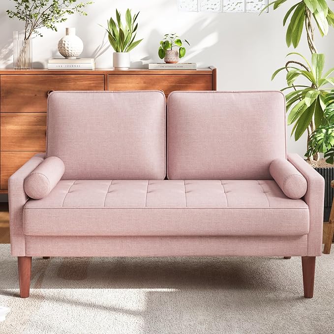 Loveseat Sofa with Solid Wood Legs, 48" Small Couches for Small Spaces, Love Seat for Living Room, Bedroom, Easy Assembly Mid Century Modern Couch with Throw Pillow for Apartment, Pink