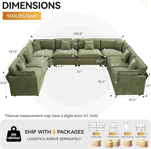147'' Oversized U Shaped Cloud Sectional Sofa, Chenille Deep Seat Couches for Living Room, Comfy Upholstered Modular Sectional Sofa Couch, Green
