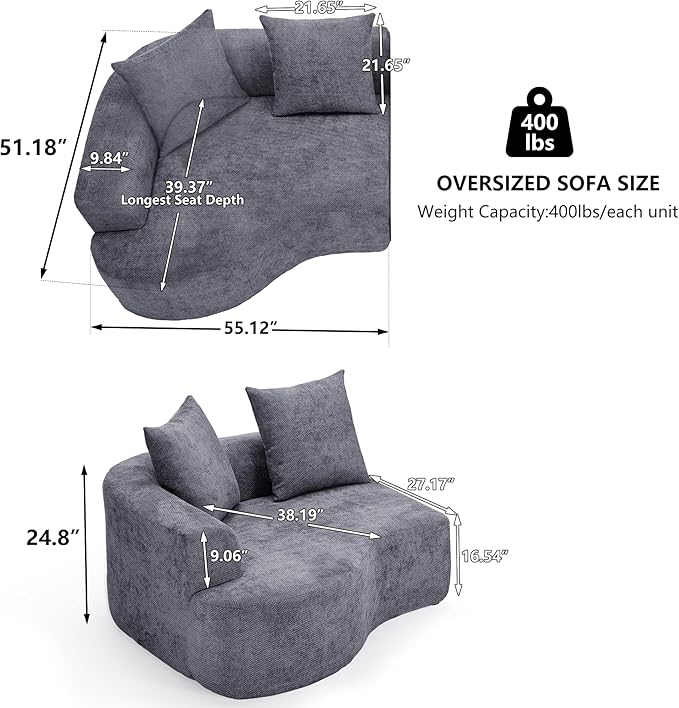 L Shaped Single Sofa, Modern Comfy Chenille Fabric Loveseat Couch, No Assembly Required Small Couch with Deep Seat, 2 Pillows for Living Room, Apartment, Bedroom