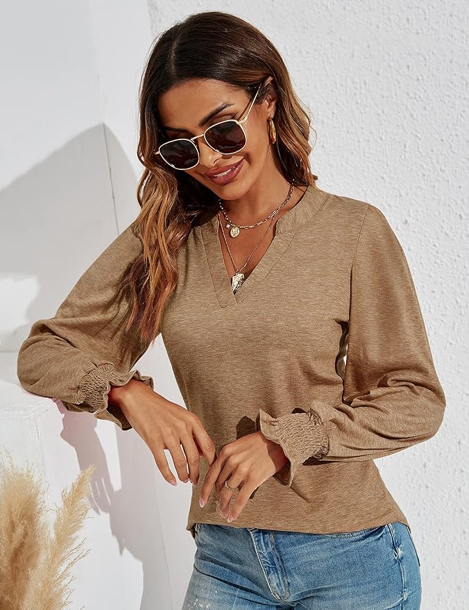 Romanstii Women's Casual V-Neck T-Shirts Loose Puff Long Sleeve Tops Tunic Blouses