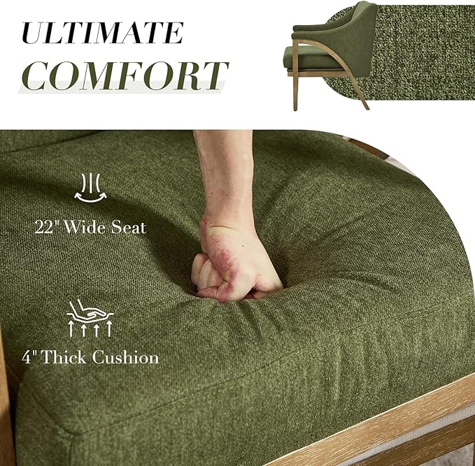 CIMOTA Mid Century Modern Accent Chair with Barrel Back, Upholstered Armchair Comfy Reading Chair with 4" Thick Cushion, Solid Wood Legs for Living Room/Bedroom/Reading Corner, Linen Fabric, Green