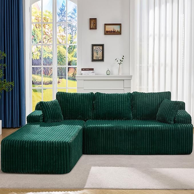 Modular Sectional Sofa Couches L-Shape Couch 3 Seat Modular Sofa Memory Foam Sectional Couches for Living Room, Cloud Couch with Oversized Chaise (Green Stripe, 108" Left Facing Chaise)
