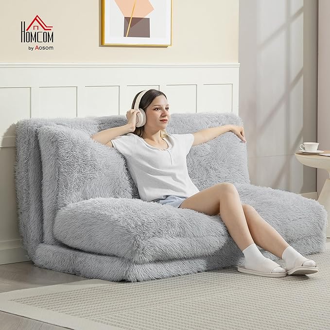 HOMCOM Bean Bag Chair Floor Sofa Bed for Adults, Thick Long Folding Sofa Bed 54 x102 in, Wall Couch Sleeper Chair Floor Mattress for Living Room, Light Gray