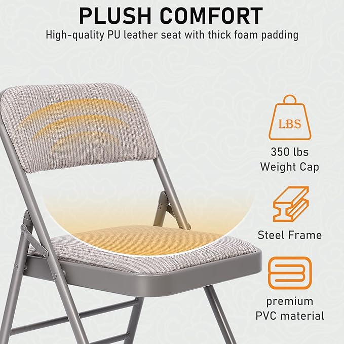 SEALAMB 10 Pack Fabric Folding Chairs with Padded Seats & Cushion, Metal Foldable Chairs for Wedding Party, Commercial Chairs for Office School Church Events, 350lb Capacity (Gary-Fabric, 10 Pack)