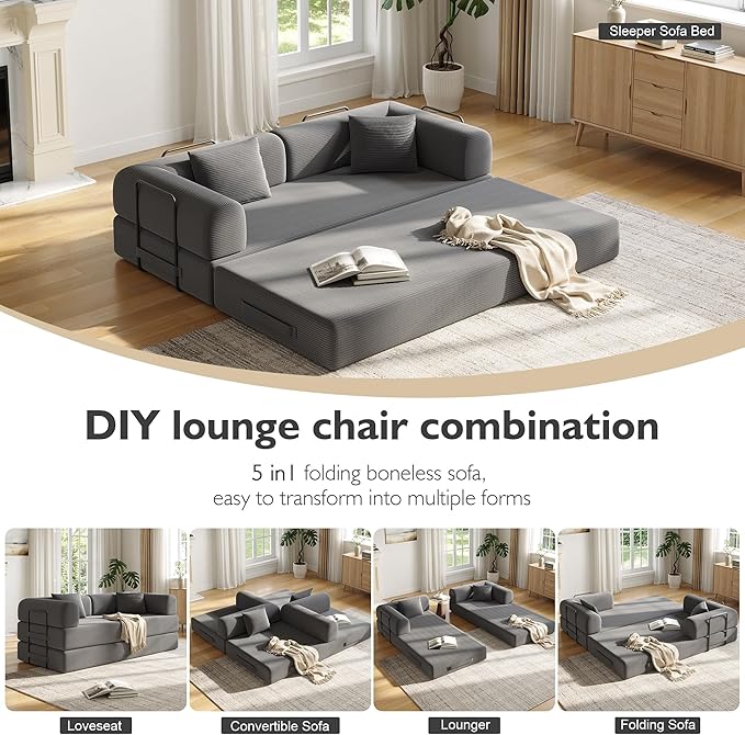 79 Inch 5-in-1 Convertible Sofa Bed, Corduroy Boneless Floor Couch with Fixed Frame & Pillow, Modular Folding Mattress Lounger for Small Space, Living Room, Bedroom - Easy Assembly(DARK GRAY)