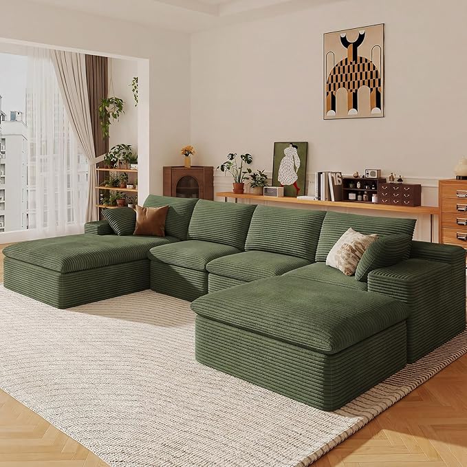 136" Cloud Sectional Couch with U-Shaped Chaise,Corduroy Viral Boneless Sofa with Ottoman,Memory Foam Couches in a Box with Deep Seat for Living Room,No Assembly Required (Green,Left-Facing Chaise)