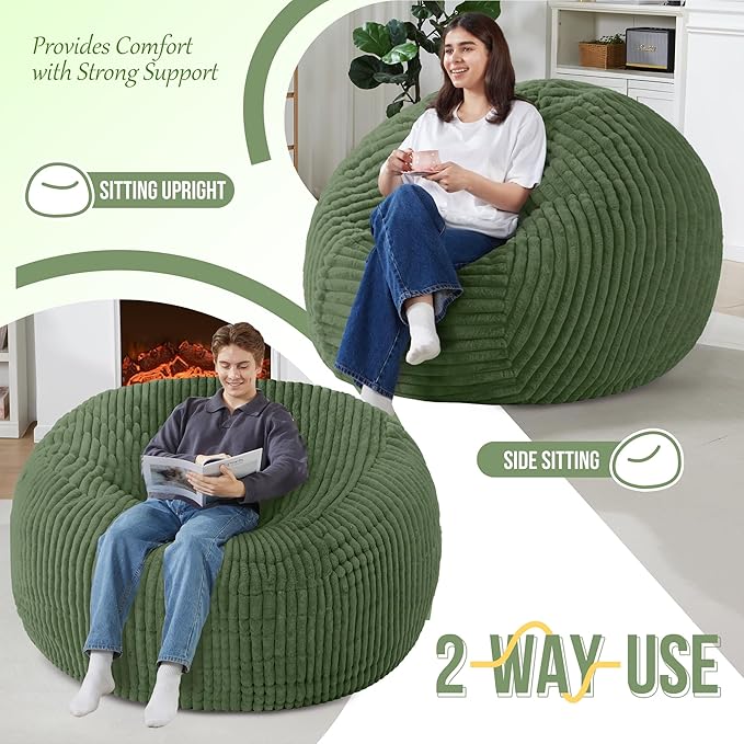 Homguava 5 FT Bean Bag Chair,5' Big Bean Bag,Giant Bean Bag Chairs for Adults with Memory Foam Filled,Comfy Large Beanbag Chairs Soft Bean Bag Sofa with Dutch Corded Plush Cover-Green