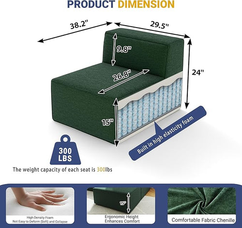 38“ Modular Sectional Sofa Convertible Cube Thick Couch Seat Set, Combine L-Shaped U-Shaped, Free Assembly, Space-Saving for Living Room, Fabric Chenille Green (Only Armless)
