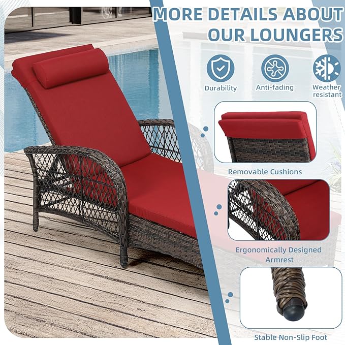 WINGTU Outdoor Chaise Lounge Chair with Side Table, All Weather PE Rattan Patio Lounge Chair with Cushion, 6-Positions Adjustable Pool Sunbathing Recliner for Poolside, Backyard, Armrest & Pillow, Red
