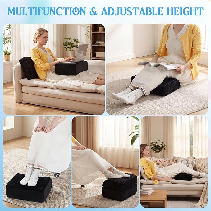 Novabright Adjustable Under Desk Foot Rest, Memory Foam Foot Stool with Gel Top and Warm Pocket Washable Cover Footrest for Office Chair Leg and Back Pain Relief (15" X 11" X 14.4",Cambered,Black)