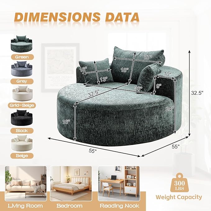 55"W Oversized Round Chair Lounge Chaise Indoor, Upholstered Comfy Circle Sofa Armchair, Modern Cozy Boneless Foam Floor Reading Chair for Living Room, Bedroom, No Assembly Required(Chenille, Green)