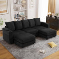 110" W x 60" D U Shape Sectional Sofa with USB Charging & Cup Holder & Storage, 5 Seater Plush Corduroy Couches with Movable Ottoman, Cloud Couch Sofas for Living Room, DIY Combination - Black