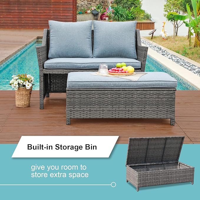 OC Orange-Casual 2-Piece Outdoor Patio Furniture Wicker Love-seat and Coffee Table Set, with Built-in Storage Bin, Grey Rattan, Grey Cushions