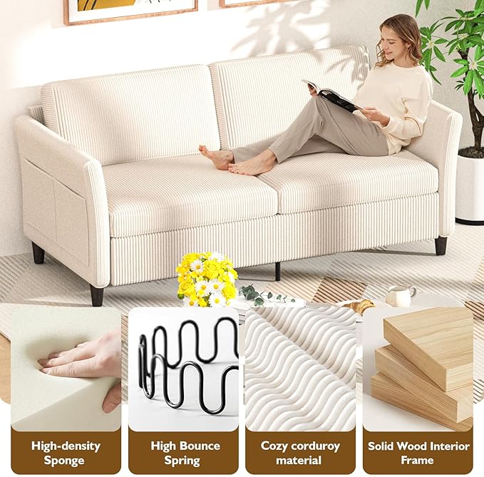 Corduroy Loveseat Sofa, Modern Comfy Couches with Side Pocket, Cloud Sofa Couch for Living Room, Bedroom and Small Spaces,Beige
