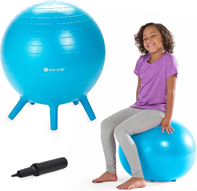 Gaiam Kids Stay-N-Play Children's Balance Ball - Flexible School Chair Active Classroom Desk Alternative Seating Built-In Stay-Put Soft Stability Legs, Includes Air Pump