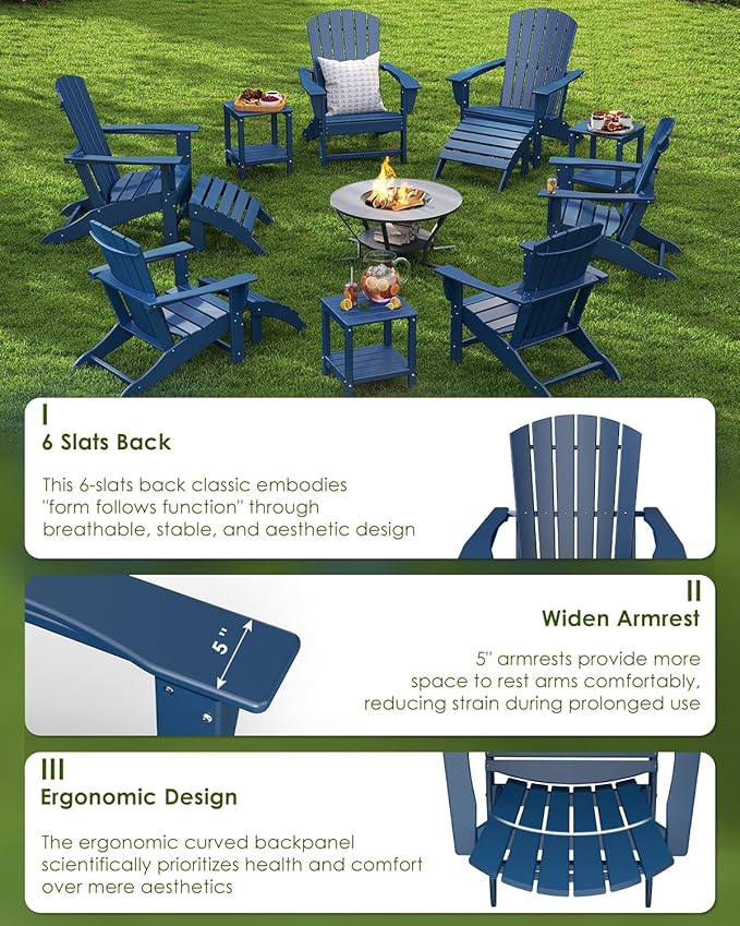 GREENVINES Adirondack Chair | HDPE Plastic | Oversized Fire Pit Chairs | All Weather | Blue | Poly Lumber | for Outdoor Deck Backyard Patio