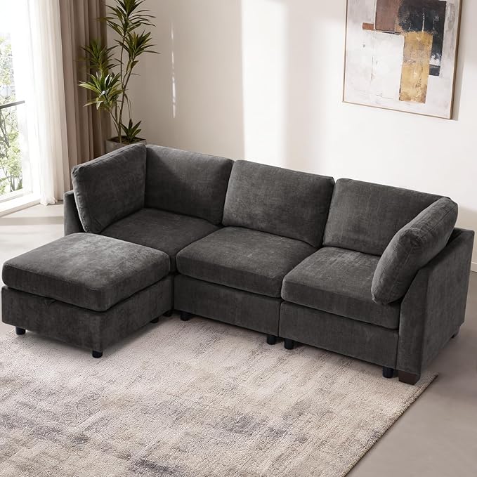 EDILLY 94 inches Oversized Modular Sectional Fabric Cloud Sofa Set, Extra Large L Shaped Couch Reversible Chaise Couch,2 Seat Modular Sofa with Storage Ottoman,Grey