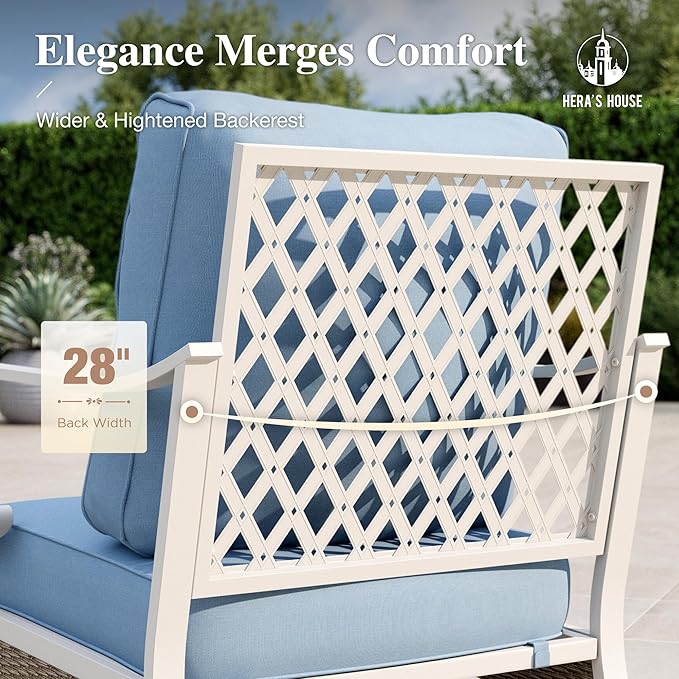 HERA'S HOUSE Patio Furniture Set with Metal & Rattan Design 4-Piece, 2 Rocking Chairs, 2-Seat Lover Sofa & Marble Coffee Table, All-Weather Outdoor Conversation Set for Garden Backyard Lawn, Blue