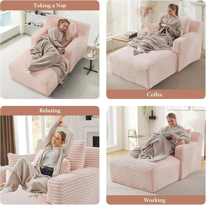 VEPXXP 65.4" Chaise Lounge Chair Indoor, Oversized Boneless Couch Comfy Upholstered Sleeper Sofa Bed with 3 Pillows, Corduroy Cloud Reading Chair for Living Room No Assembly Required, Pink