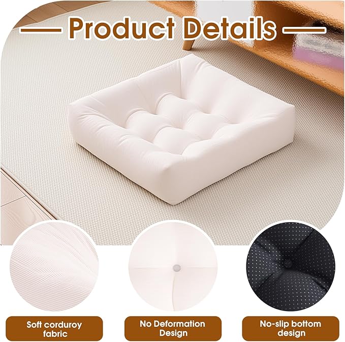 Tikuns Floor Pillows for Adults, 22x22 Inch Meditation Cushions, Large Square Sitting Cushion Living Room Memory Foam Pillow for Sitting (1, Beige, 22x22x4 Inch)