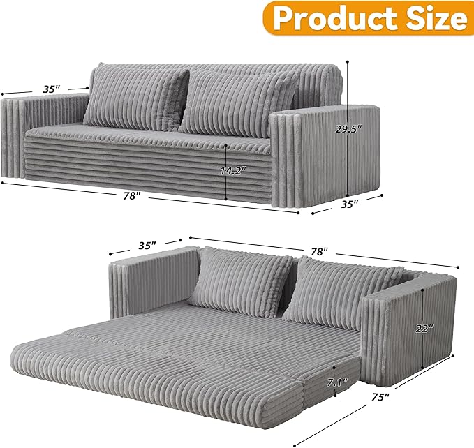 HABUTWAY Folding Sofa Bed, 2 in 1 Convertible Sleeper Chair with 2 Pillows, Portable Fold Out Chair Bed with Armrest, Comfy Floor Couch, Lazy Sofa for Living Room Bedroom Dorm Home Office, Light Grey